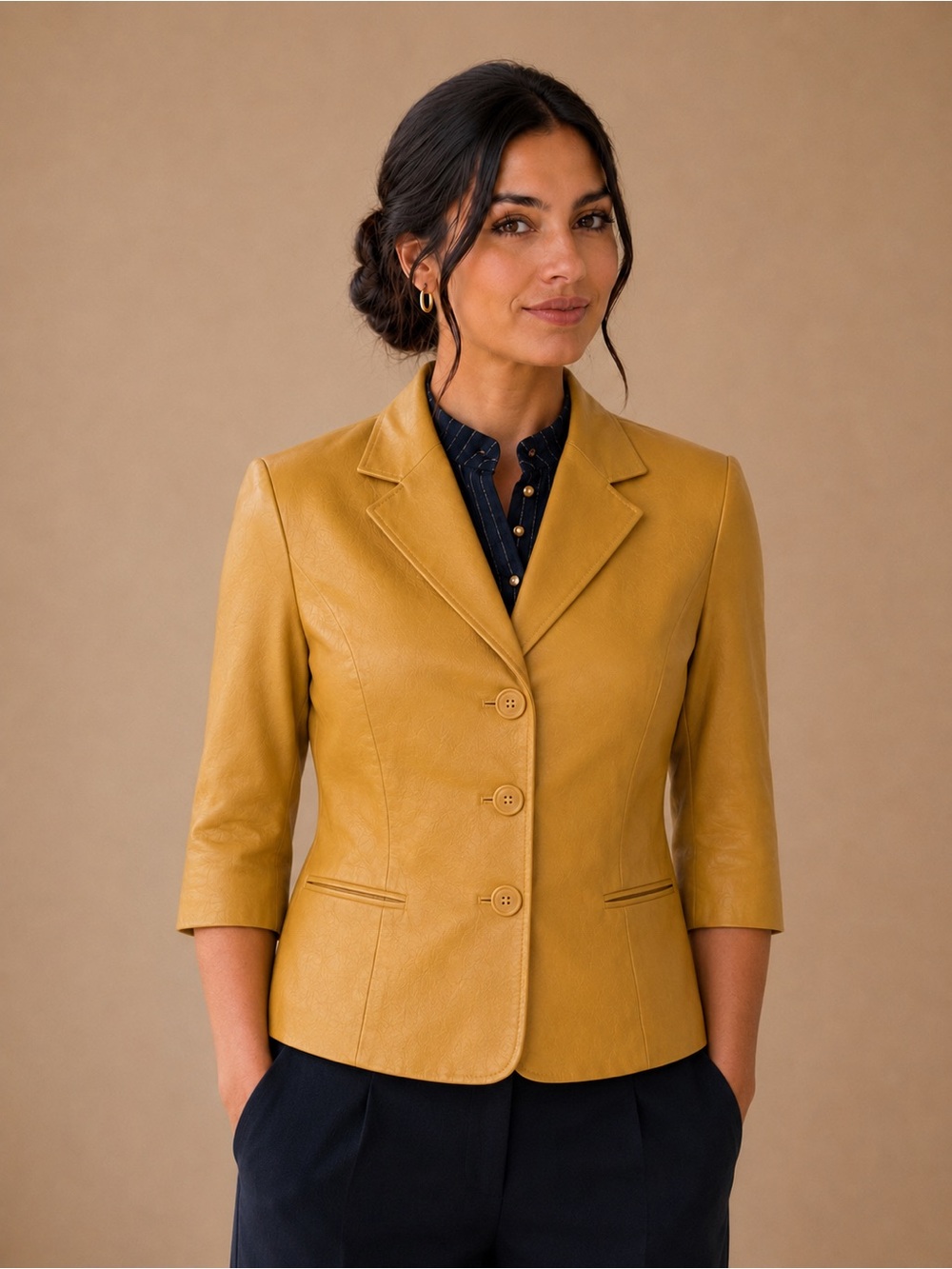 100% Leather Terry Lewis Classic Luxuries Mustard Yellow Tailored Leather Blazer